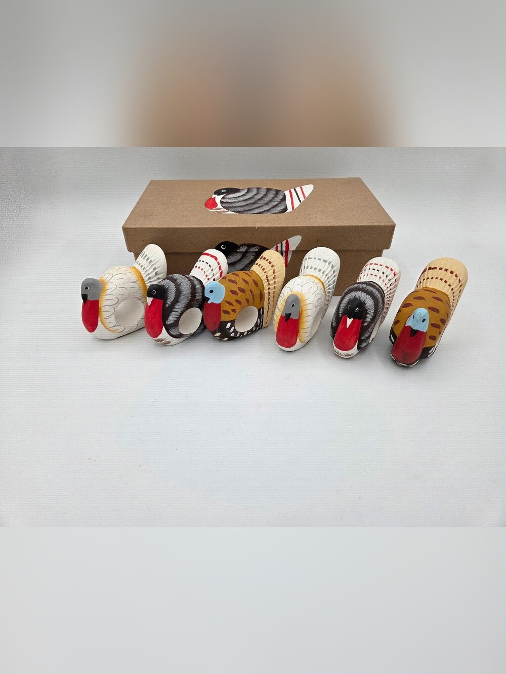 VTG Turkey Handpainted Wooden Napkin Rings Thanksgiving set of 6